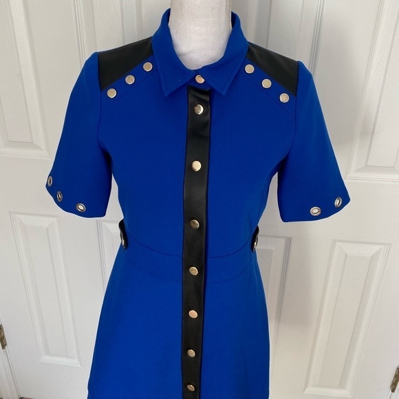 Karen Millen- NWT Blue Stretch Mini Dress w Silver Ring Cutout and Leather Trim - Picture 6 of 13